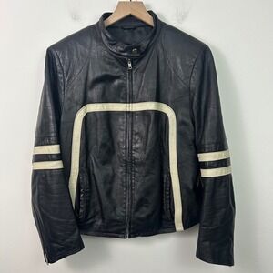 Vintage Wilsons Maxima Leather Jacket Women's Black Moto Racer Stripe Size XL